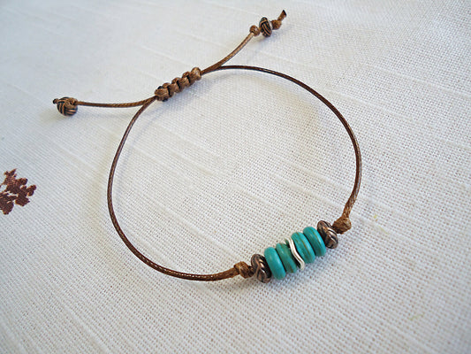 Turquoise and Copper, Brown Cord Adjustable Bracelet