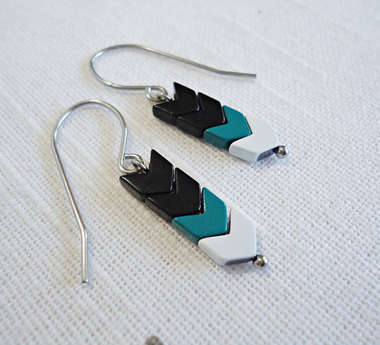Chevron Arrow Hematite Earrings, Black, Turquoise, White, Stainless Steel Earwire, Hypoallergenic, 3/4" Dangle