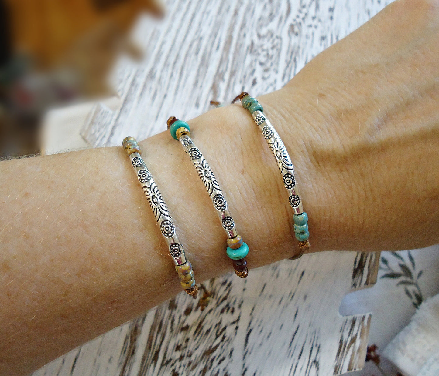 Southwestern Bracelet, Silver, Turquoise, Brown, Adjustable Slide Knot Bracelet