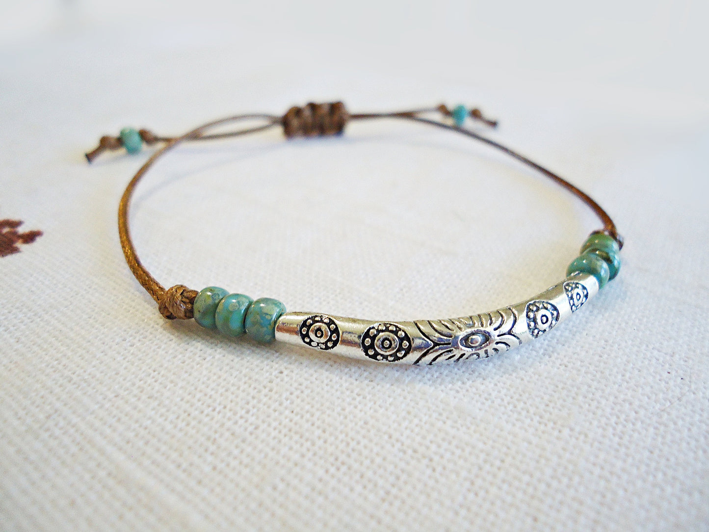 Southwestern Bracelet, Silver, Turquoise, Brown, Adjustable Slide Knot Bracelet