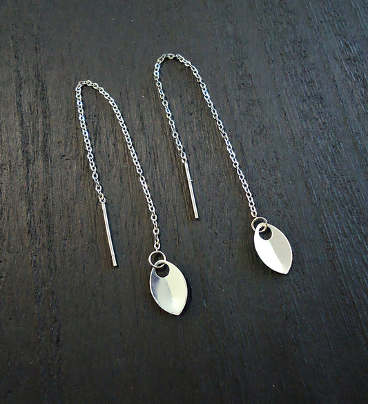Stainless Steel Threader Earrings - Mini Leaves, Mirror Polish Silver Leaves, Simple Minimalist