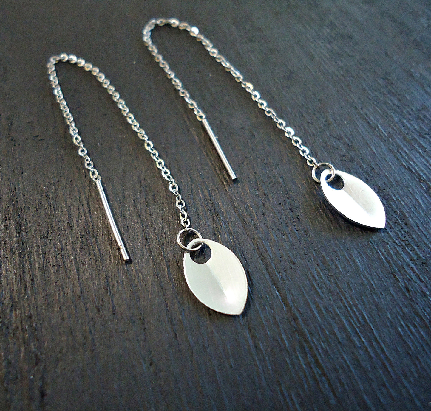 Stainless Steel Threader Earrings - Mini Leaves, Mirror Polish Silver Leaves, Simple Minimalist