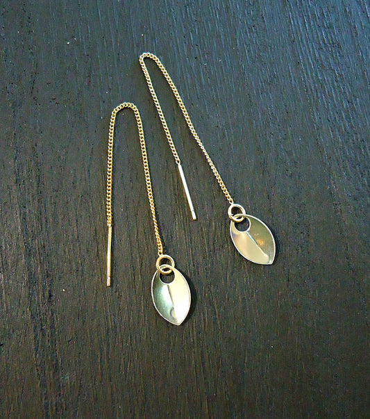 Gold Threader Earrings - Mini Leaves, Mirror Polish Gold Leaves, Simple Minimalist