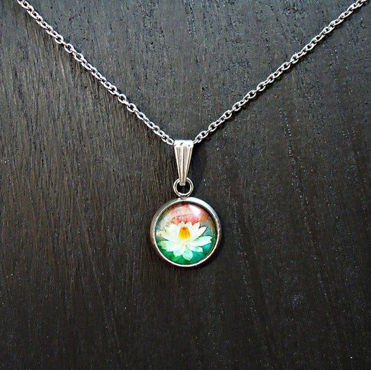 Pendant Necklace, Lotus Painting under glass, Stainless Steel Chain