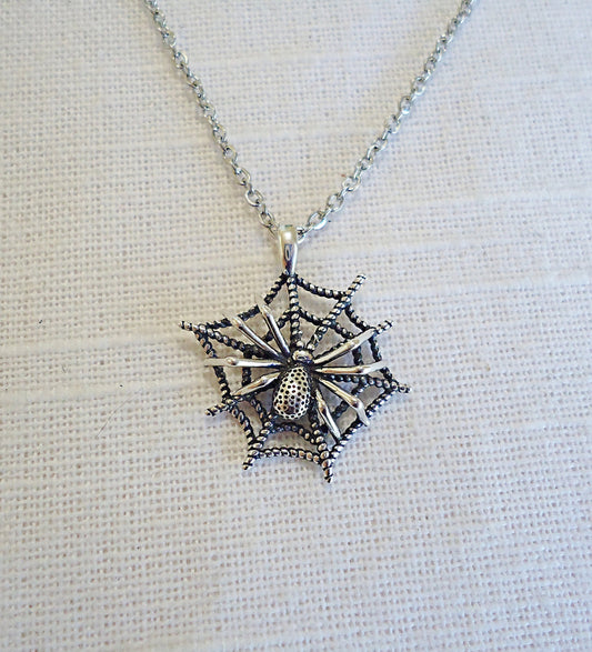 Highly Detailed 3D Spider on Spider web Necklace, Sterling Silver, Halloween