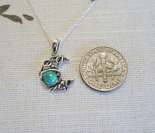 Small Turquoise Moon Sterling Silver Necklace, Dainty, Stone, Green, Boho Wire Wrapped Style