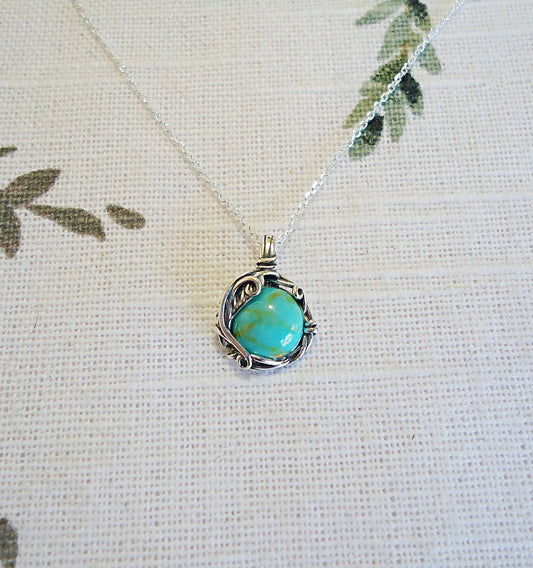 Small Turquoise Stone Necklace, Oxidized Sterling Silver, Wire Wrapped Style, Vine and Leaves