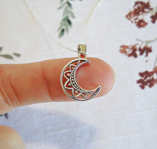 Small Crescent Moon Necklace, Sterling Silver, Boho Bali