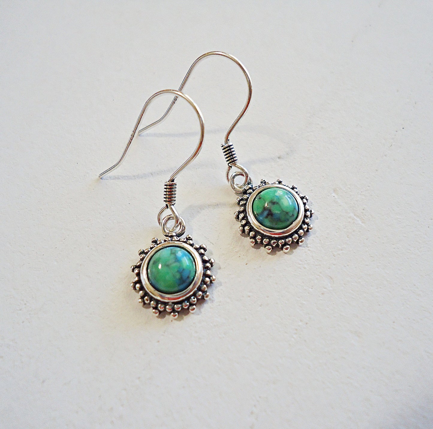 Sterling Silver Turquoise Earrings, Bali Style Flower, Small, Minimalist