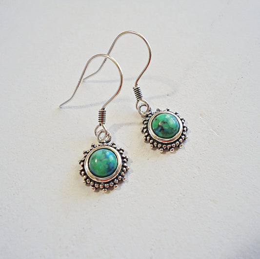 Sterling Silver Turquoise Earrings, Bali Style Flower, Small, Minimalist