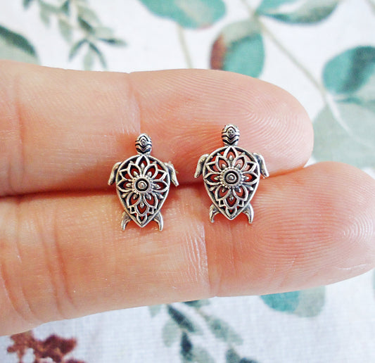 Sea Turtle Stud Earrings, Bali Style, Sterling Silver, Flower, Boho, Minimalist