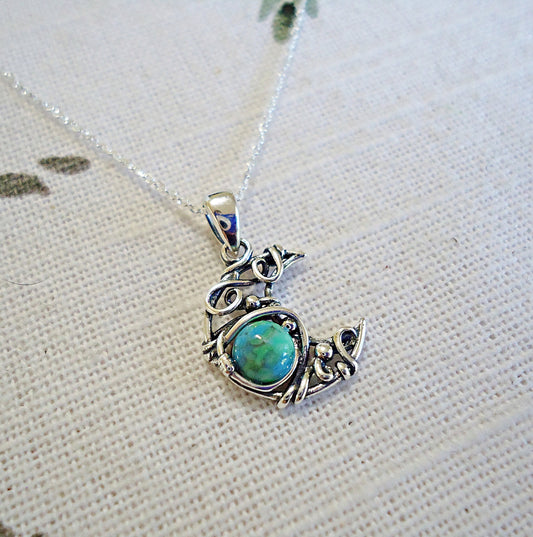 Small Turquoise Moon Sterling Silver Necklace, Dainty, Stone, Green, Boho Wire Wrapped Style