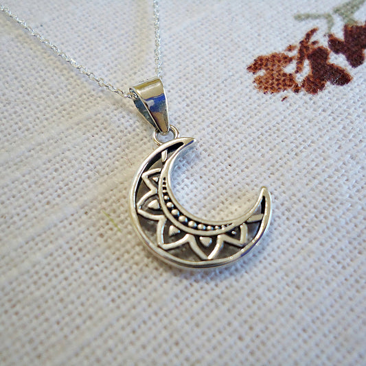 Small Crescent Moon Necklace, Sterling Silver, Boho Bali