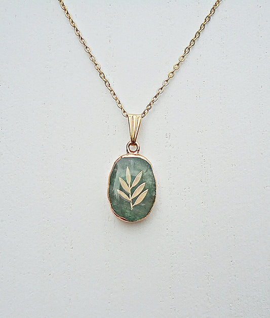 Green Strawberry Quartz Stone Necklace, 18" Stainless Steel Chain, Gold Leaves