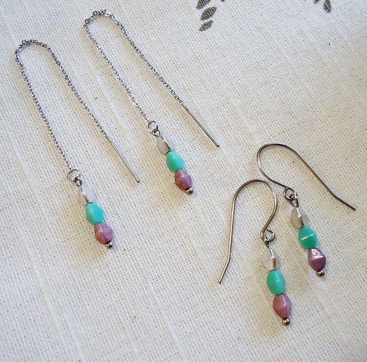 Minimalist Earrings, Silver, Turquoise, Lilac, Stainless Steel Threaders or French Earwire