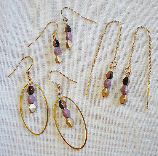 Gold Earrings, Rich Colors, Deep Copper, Gold, and Lilac, Threaders, Minimalist, Brass and Stainless Steel, Graduated Ombre Colors