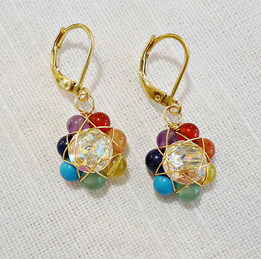Mixed Gemstone Wire Wrapped Flower Earrings, Stainless Steel Gold Plated Leverbacks, Rainbow, Chakra, Small, 1/2 inch dangle