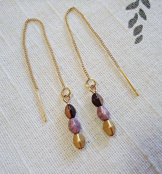 Gold Earrings, Rich Colors, Deep Copper, Gold, and Lilac, Threaders, Minimalist, Brass and Stainless Steel, Graduated Ombre Colors