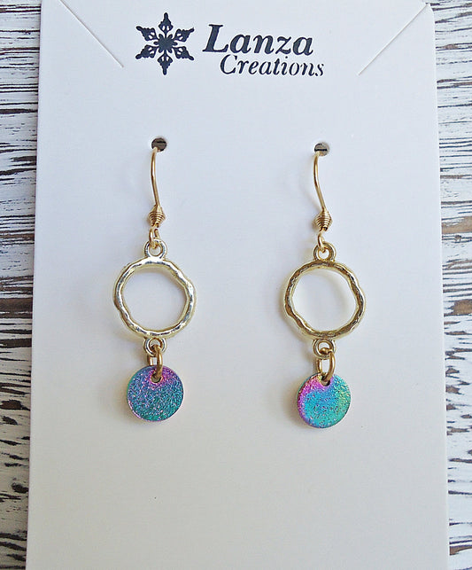Simple Gold and Rainbow Dangle Earrings, 7/8" Long
