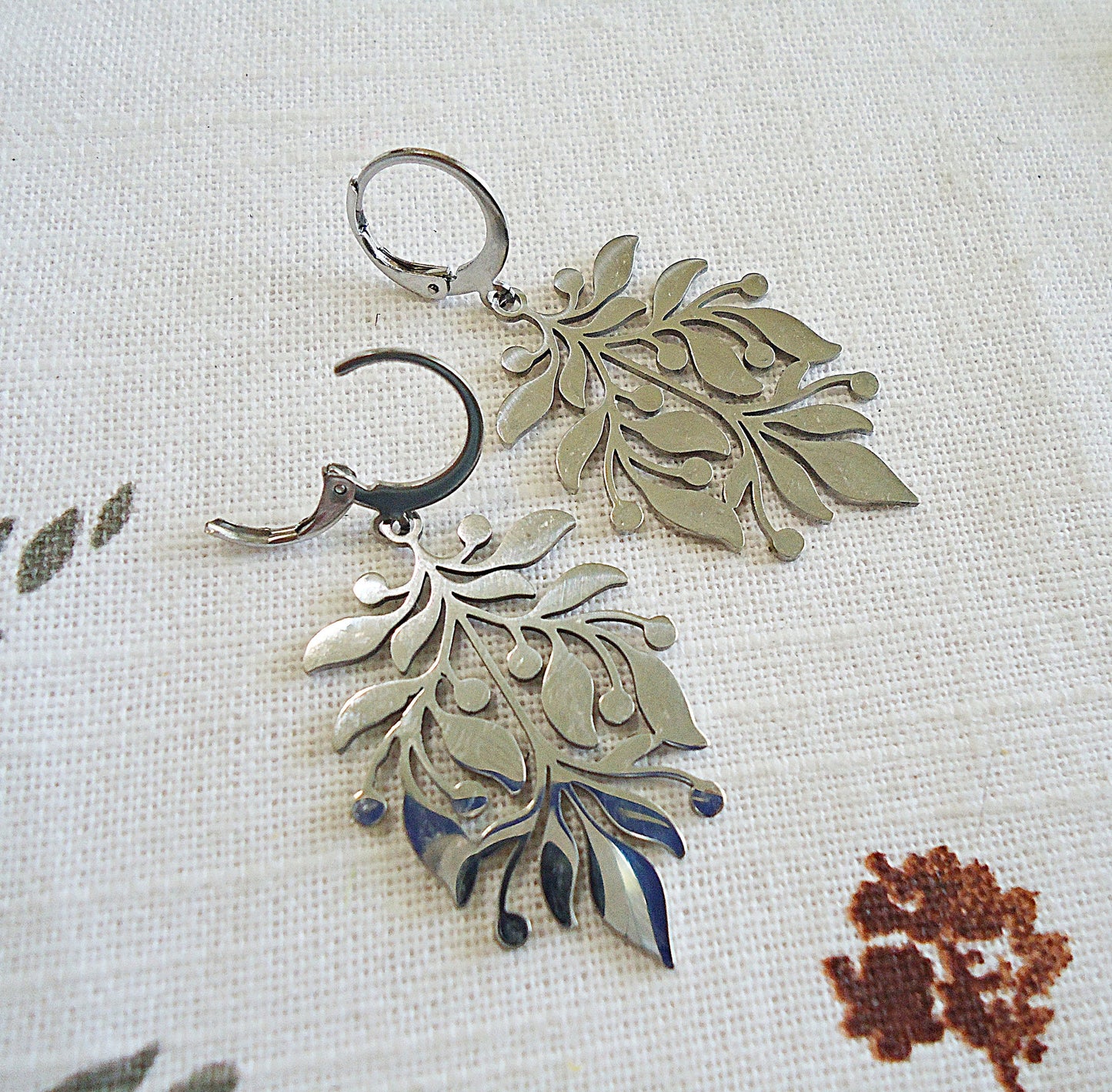 Silver Stainless Steel Laser cut Earrings, Large Leaf Design, Huggie Hoop Leverbacks