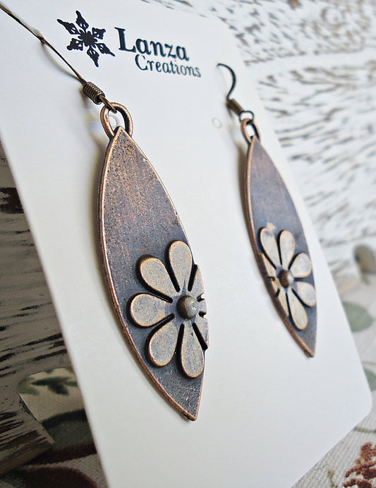 Mixed Metal Earrings, Bronze Flowers on Copper Marquise, 1.75" Dangle, Copper Earwire