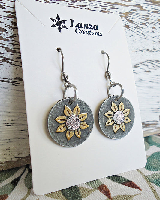 Mixed Metal Earrings, Bronze and Copper Flowers on Dark Silver, 7/8" Wide Circles, 1 1/8" Dangle, Sunflowers, Stainless Steel Earwire