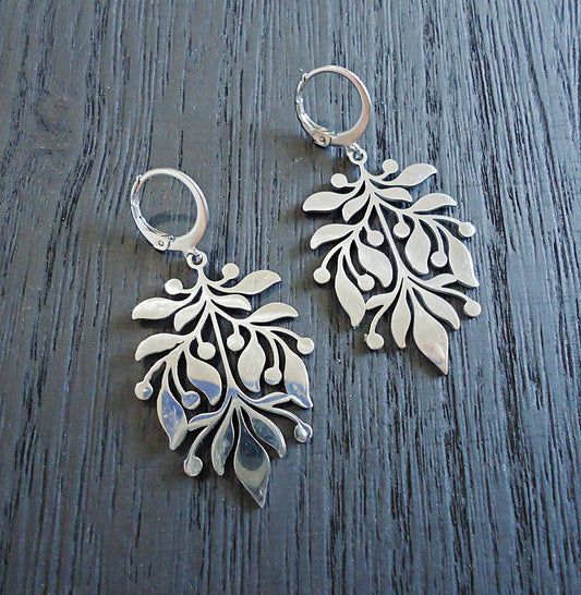 Silver Stainless Steel Laser cut Earrings, Large Leaf Design, Huggie Hoop Leverbacks