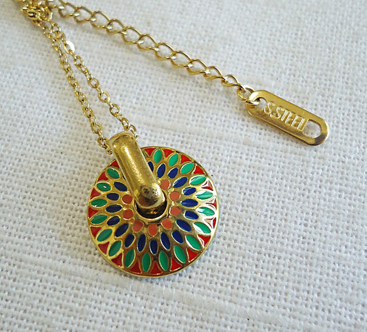 Small Gold Enameled Circle Necklace, Mandala Flower, Stainless Steel, 16"-18"