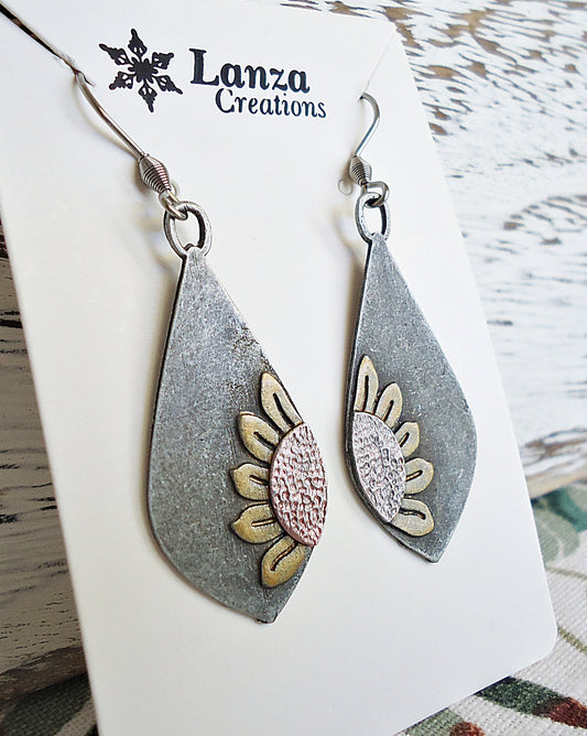 Mixed Metal Earrings, Bronze and Copper Sunflowers on Dark Silver Teardrops, 1.5" Dangle, Stainless Steel Earwire