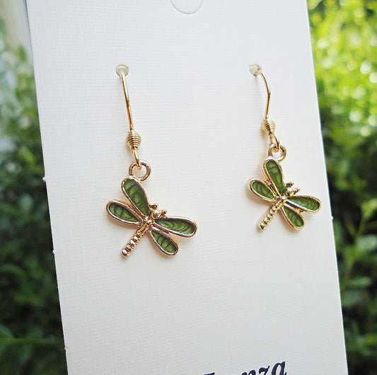 Small Dragonfly Earrings, Gold and Green, Hypoallergenic Stainless Steel Earwire, Minimalist