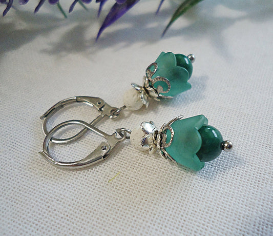Green Flower Earrings, Lily of the Valley Earrings, Crystal, Lava Rock, Tulip, Stainless Steel Leverback Earwire