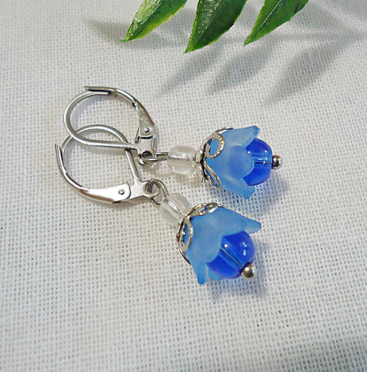 Lily of the Valley Flower Earrings, Blue, Glass, Stainless Steel Hypoallergenic Leverback Earwire