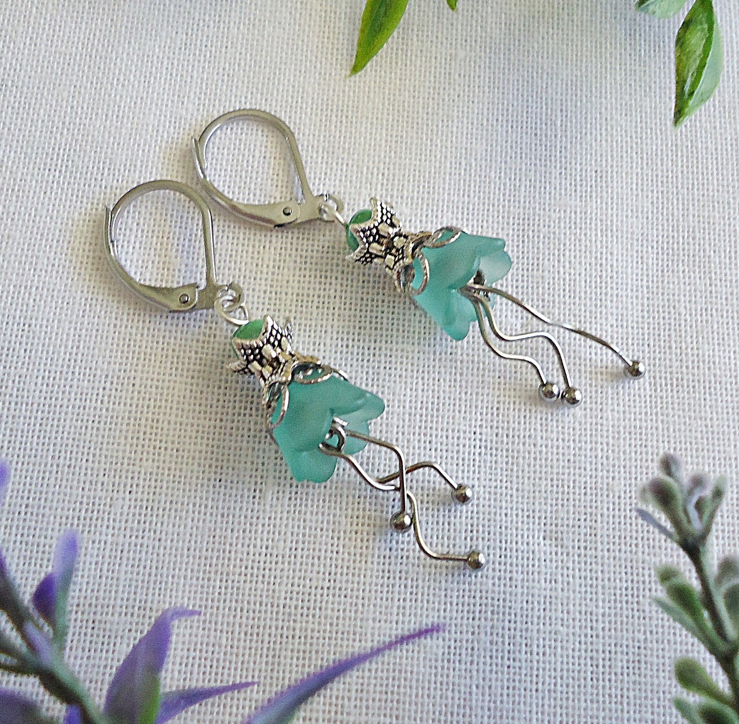SeaFoam Green Flower Earrings, Tulip Flowers, Silver, Hypoallergenic Stainless Steel Leverbacks