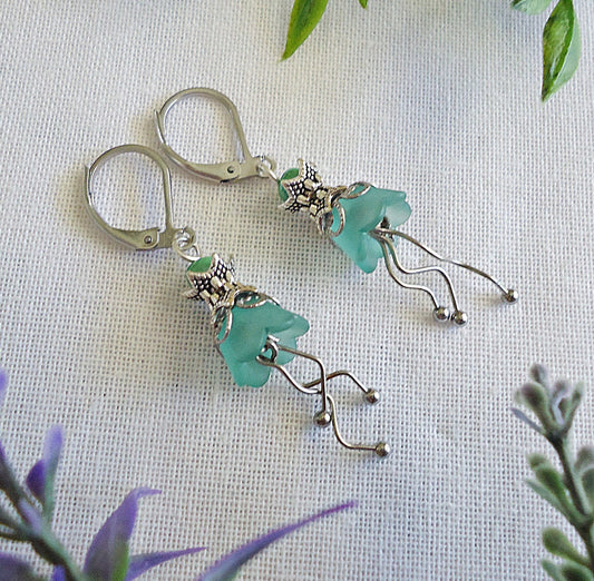 SeaFoam Green Flower Earrings, Tulip Flowers, Silver, Hypoallergenic Stainless Steel Leverbacks