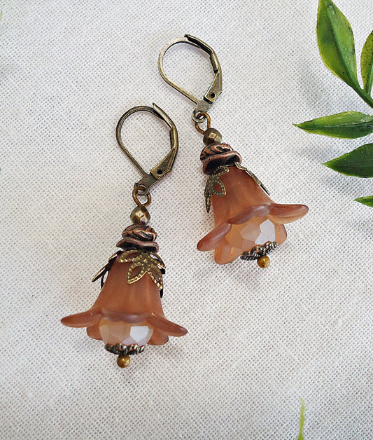 Flower Earrings, Dark Caramel, Antique Bronze, Leverback Earwire, Vintage Vibes, Brown, 1" Dangle
