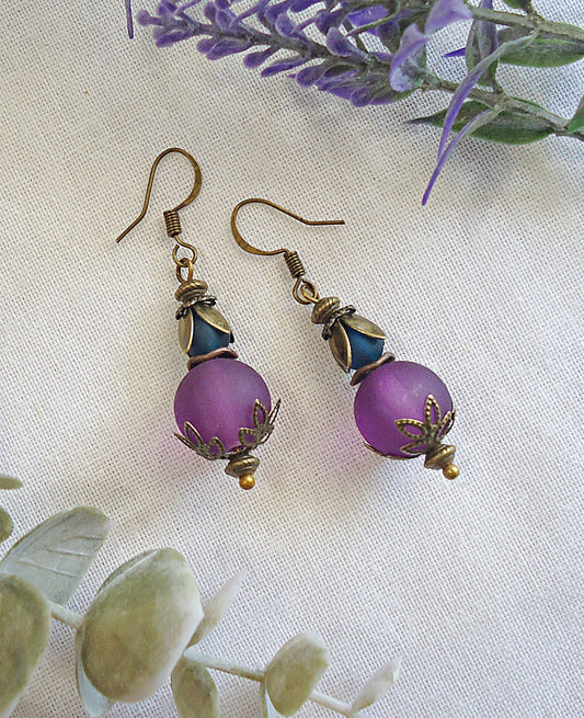 Frosted Purple Earrings, Antique Bronze, 1" Dangle, Plum