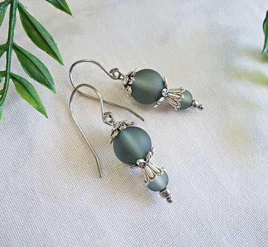 Frosted Gray and Silver Earrings, 1" Dangle, Stainless Steel French Earwire