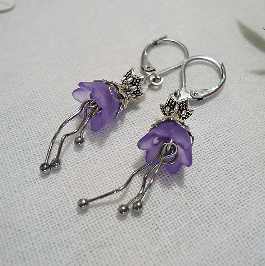 Purple Flower Earrings, Tulip Flowers, Silver, Hypoallergenic Stainless Steel Leverbacks