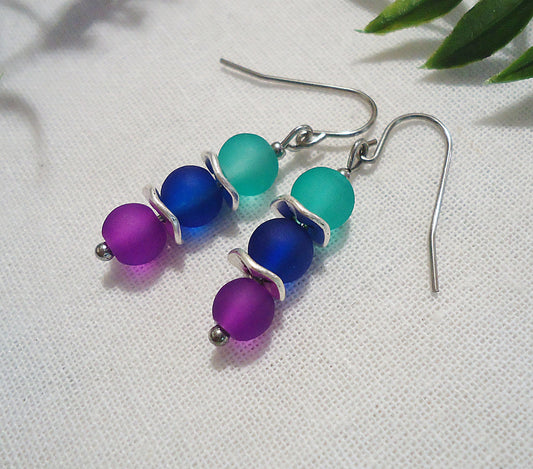 Frosted Glass Earrings, Colorful, Purple, Royal Blue, Teal Green, Simple Beach Glass Earrings