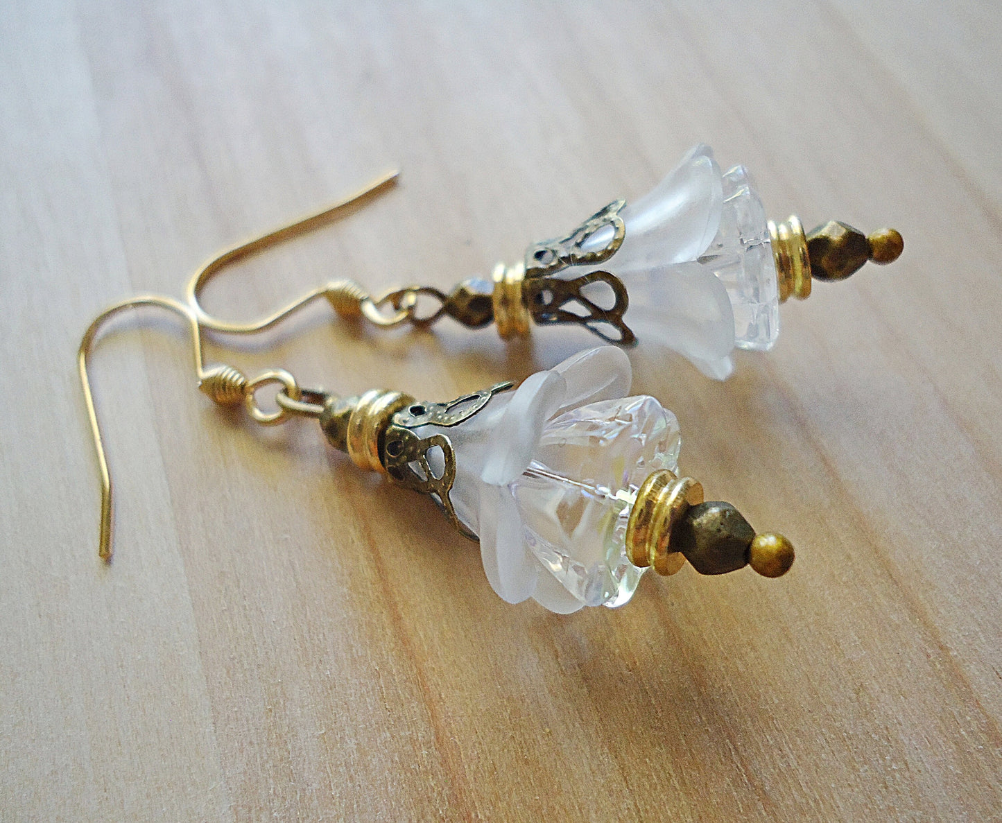 Flower Earrings, Clear, White, Gold, Antique Bronze, Vintage Boho, Stainless Steel Earwire, Wedding, Bridesmaid