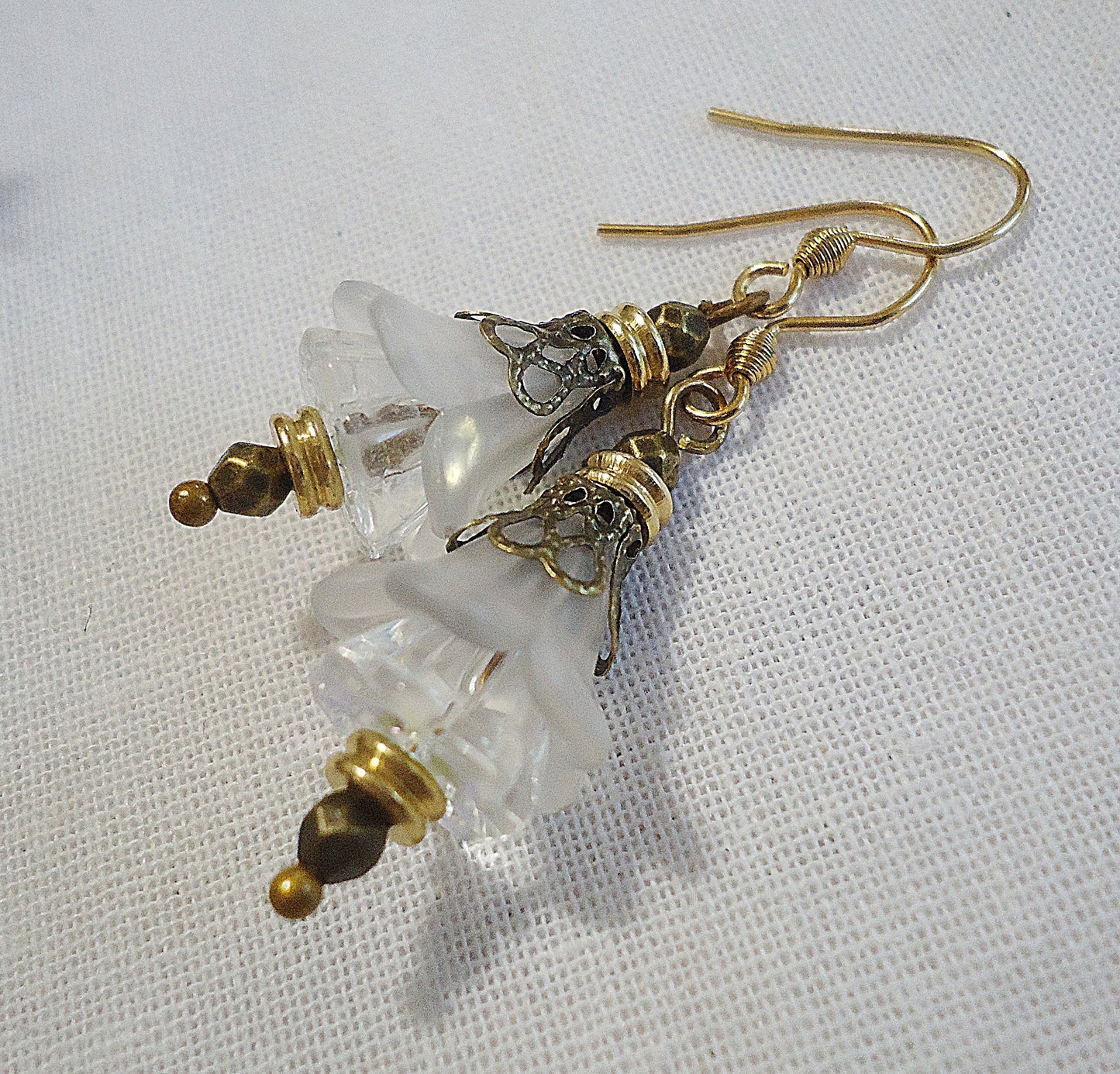 Flower Earrings, Clear, White, Gold, Antique Bronze, Vintage Boho, Stainless Steel Earwire, Wedding, Bridesmaid
