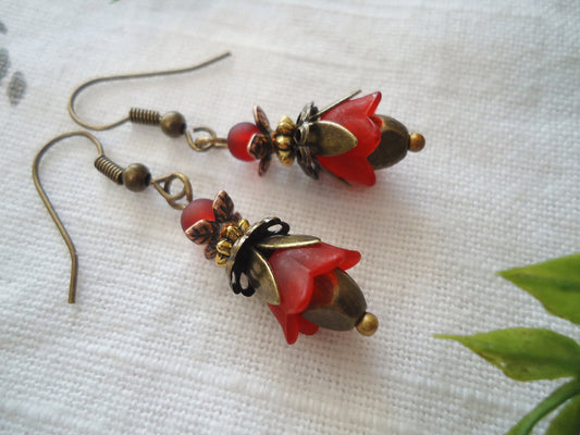 Dark Red and Bronze Flower Earrings, Simple or Layered Earrings