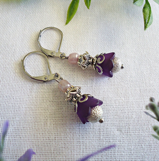 Dark Purple Flower Earrings, Tulip Earrings, Glass, Stainless Steel Leverback Earwire