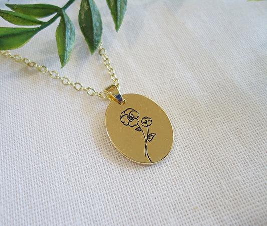 Violet Flower Gold Necklace, Stainless Steel, Gold Finish, Minimalist, February Birth Flower