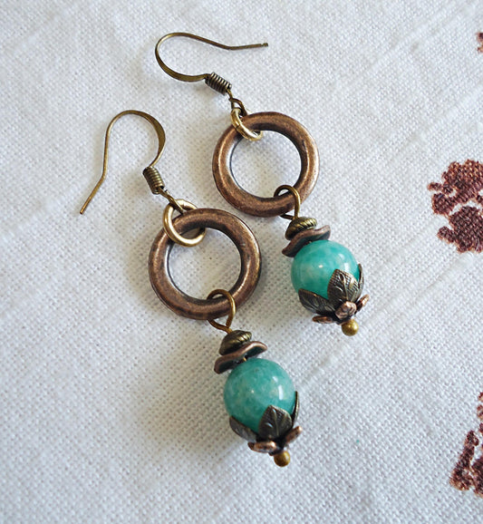 Green Amazonite Stone, Copper and Bronze Earrings, 1.25" Dangle