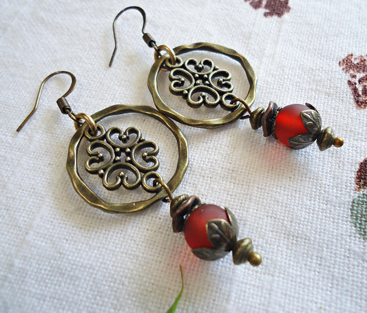 Dark Red and Antique Bronze Earrings, Vintage Flair, Boho