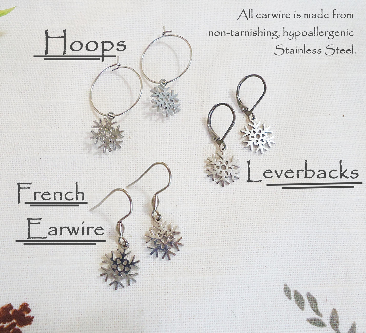 Carved Branch and Leaf Earrings, Stainless Steel, One Inch Drop, Non-Tarnishing, Hypoallergenic