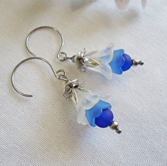 Blue Ombre Flower Earrings, Stainless Steel Earwire, Blue and White Frosted Flowers, 1" Dangle, Blue and Silver
