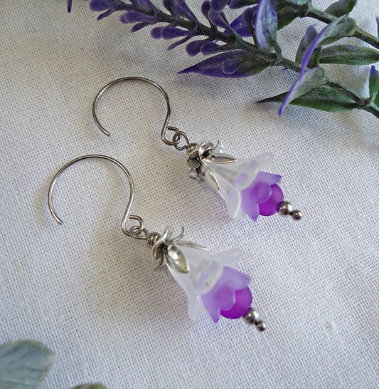 Ombre Flower Earrings, Violet Purple, Stainless Steel Earwire, Purple White Silver Frosted Flowers, 1" Dangle