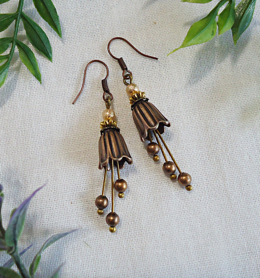 Copper Flower Drop Earrings, 1 3/8" Dangle